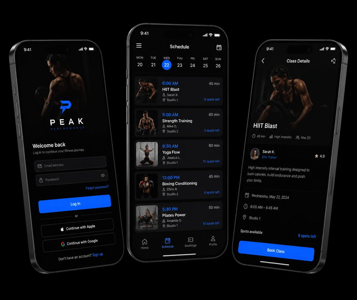App screens showing weekly class schedule and class booking